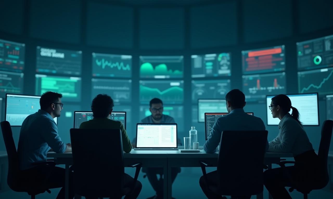 Professionals in a modern office looking at data, symbolizing swift and strategic crisis management by Shinrai.