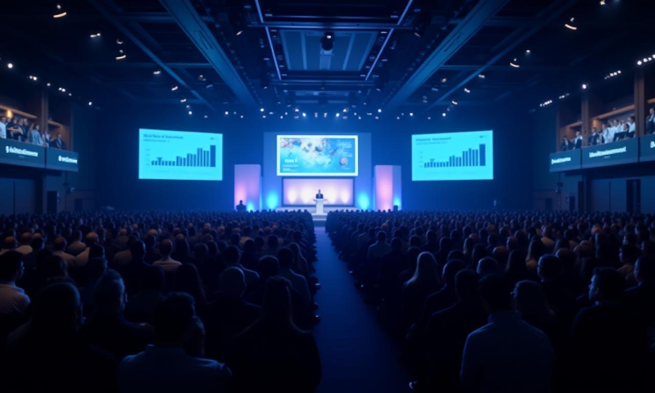 Large conference hall filled with attendees at a Fintech summit organized by Shinrai Communications Group.